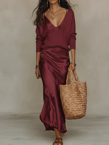 Elena – Ensemble 2-en-1 : Robe Midi Satinée & Pull Luxueux