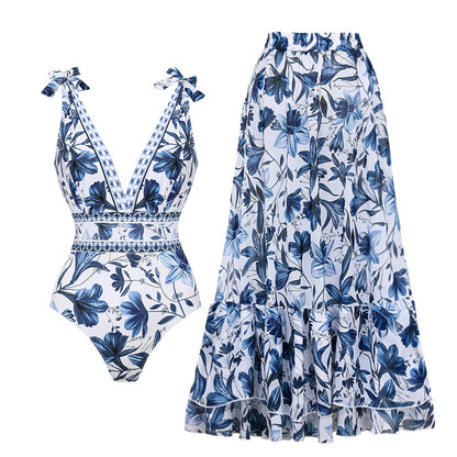 Maillot de bain une pièce imprimé à col V avec laçage et jupe assortie
