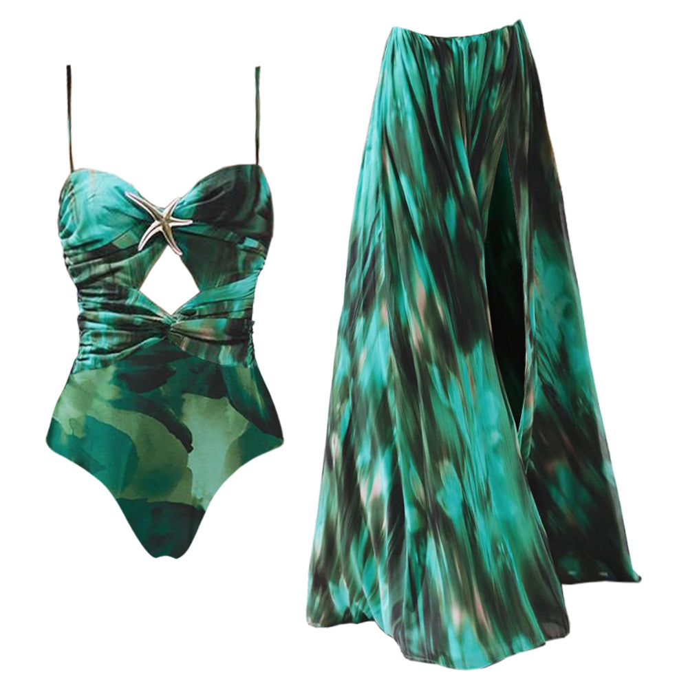 Maillot de bain une pièce plissé à imprimé vert avec jupe assortie