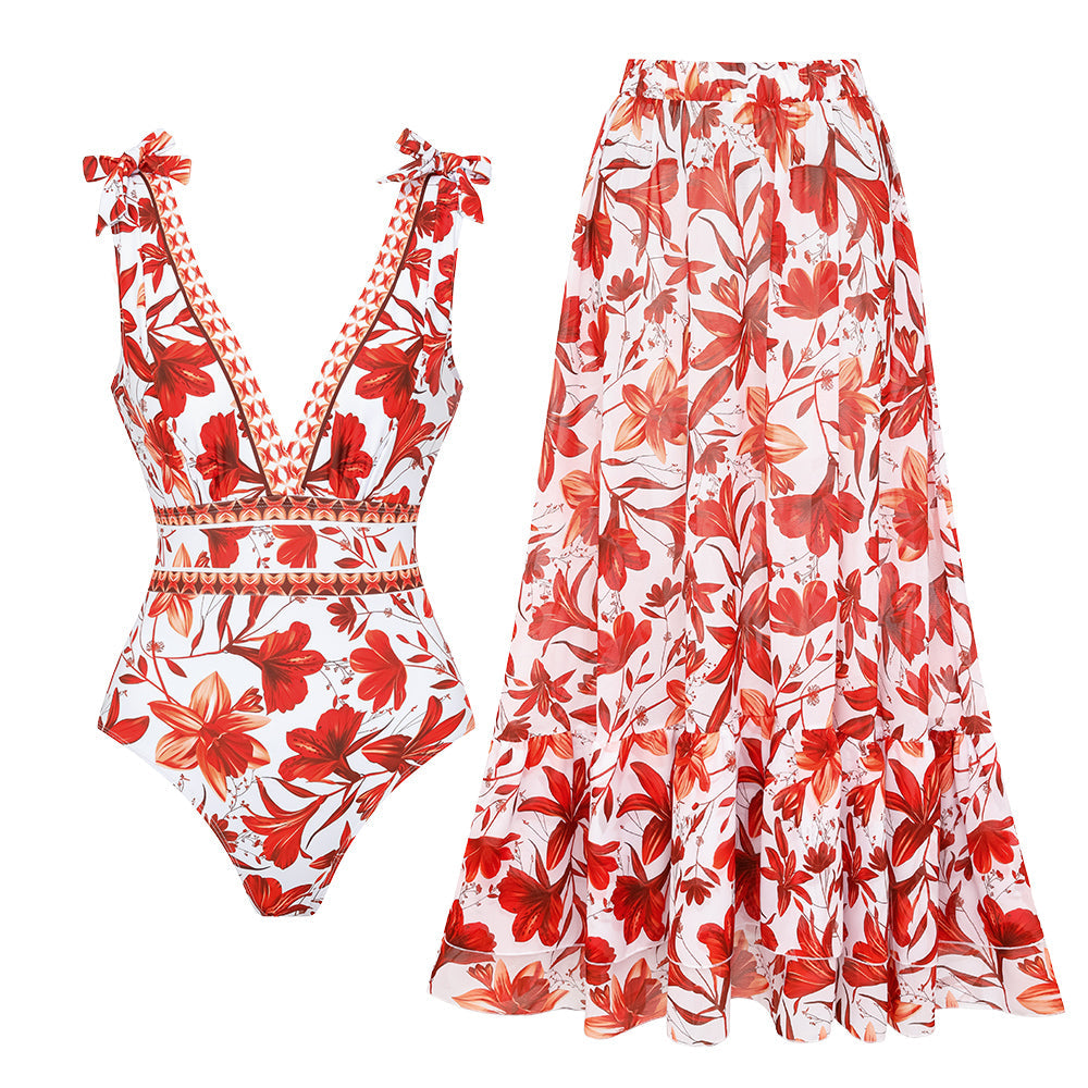 Maillot de bain une pièce imprimé à col V avec laçage et jupe assortie