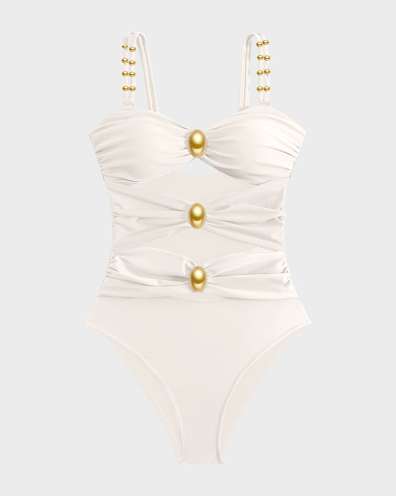 Maillot de bain une pièce froncé avec découpes et détails en perles dorées