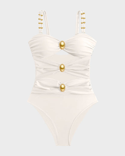 Maillot de bain une pièce froncé avec découpes et détails en perles dorées