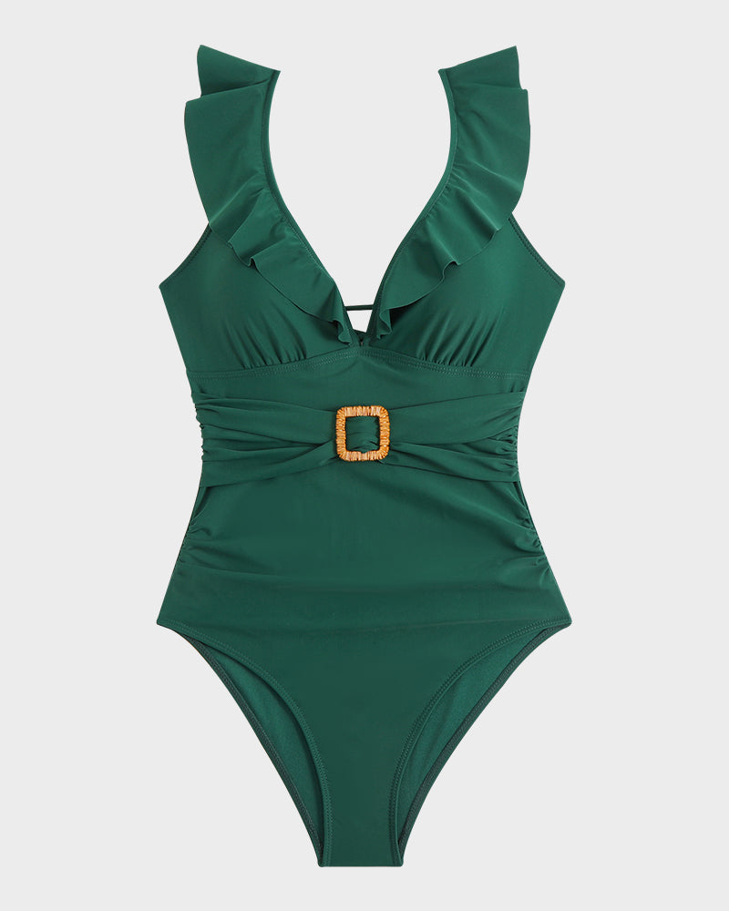 Maillot de bain une pièce froncé à décolleté plongeant en V, manches volantées et ceinture décorative