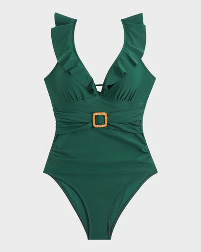 Maillot de bain une pièce froncé à décolleté plongeant en V, manches volantées et ceinture décorative