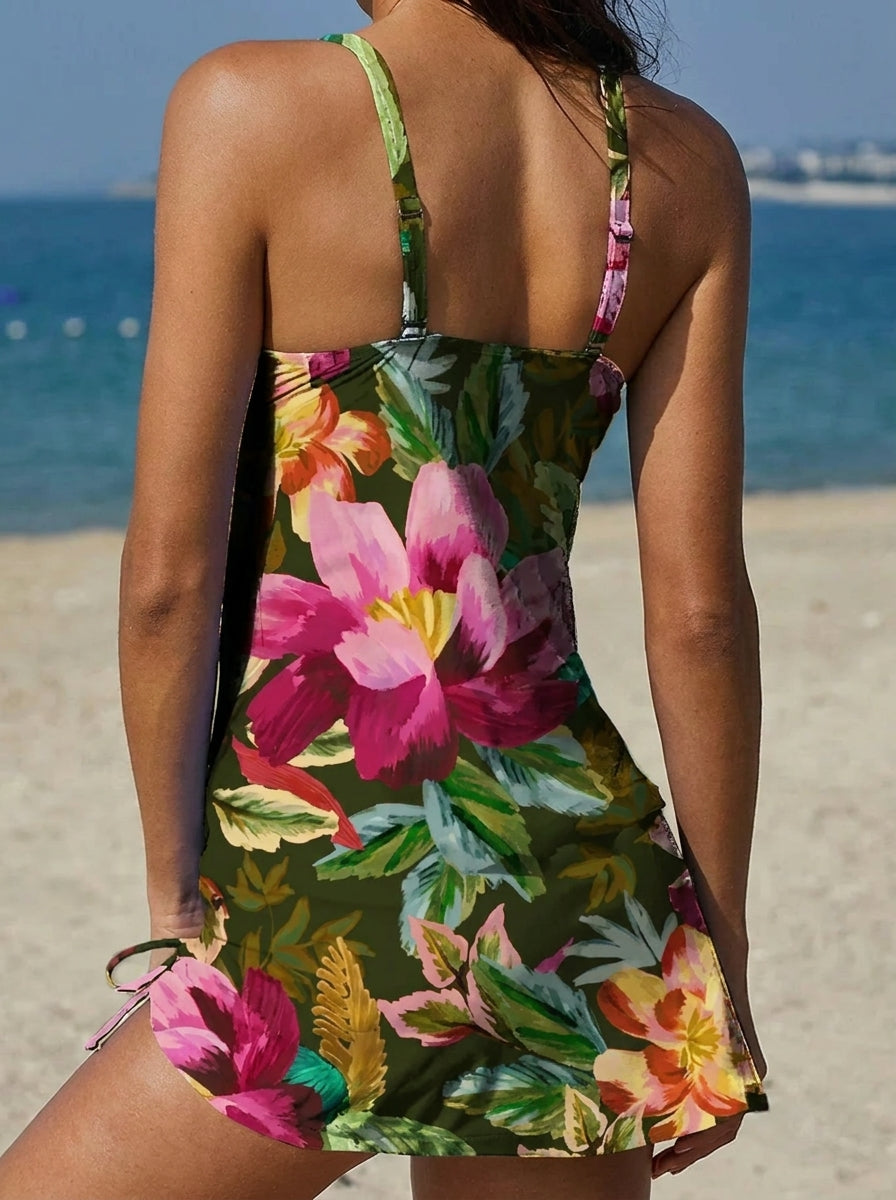 Adriana - Maillot de Bain Fleuri Graphique avec Short et Effet Ventre Plat