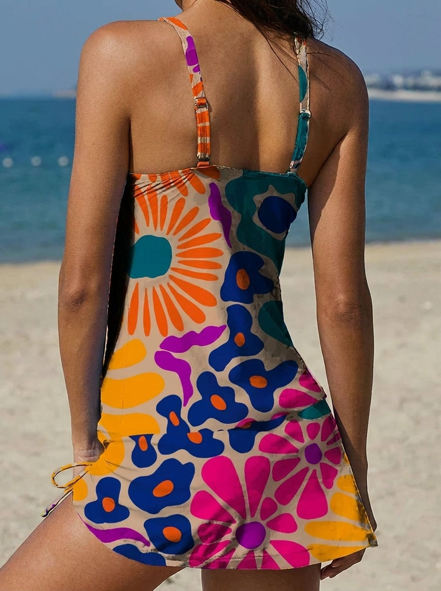 Adriana - Maillot de Bain Fleuri Graphique avec Short et Effet Ventre Plat