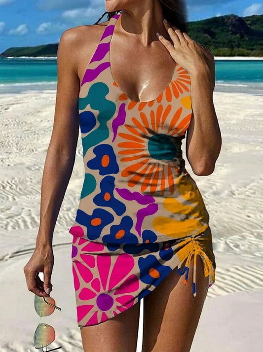 Adriana - Maillot de Bain Fleuri Graphique avec Short et Effet Ventre Plat