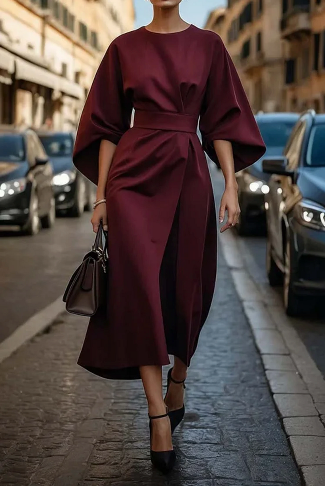 Grace – Robe Élégante à Manches Lanterne et Ceinture