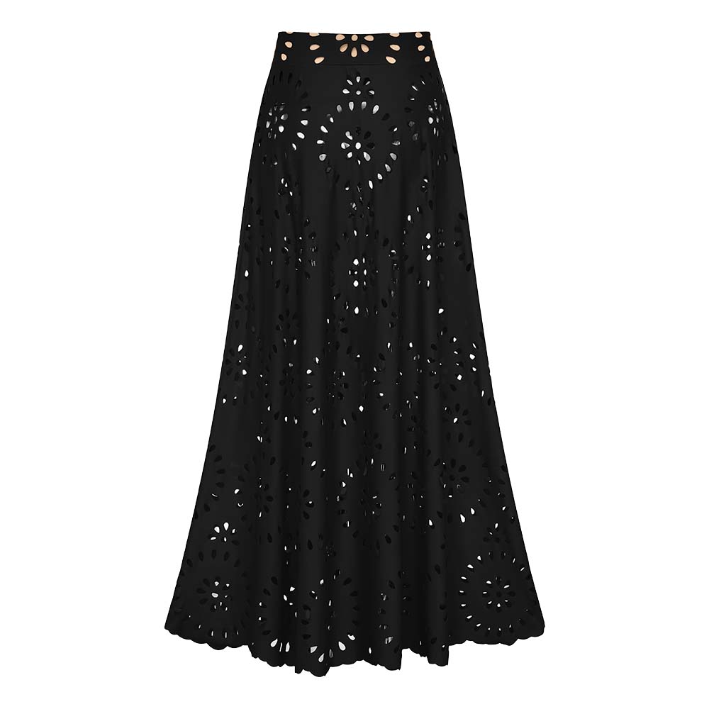 Maillot de bain une pièce noir à fleurs découpées au laser et détails ajourés, avec jupe assortie