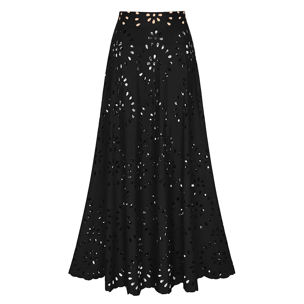 Maillot de bain une pièce noir à fleurs découpées au laser et détails ajourés, avec jupe assortie