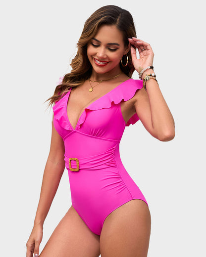 Maillot de bain une pièce froncé à décolleté plongeant en V, manches volantées et ceinture décorative