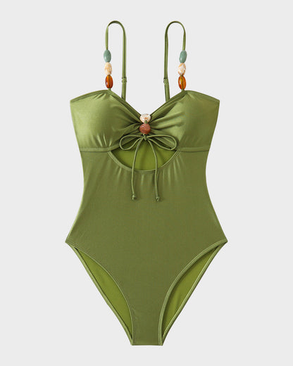 Maillot de bain élégant en satin avec perles décoratives et découpes tendance