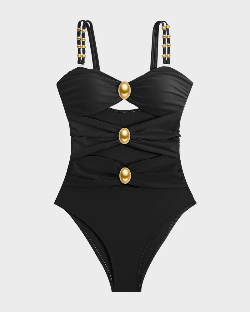 Maillot de bain une pièce froncé avec découpes et détails en perles dorées