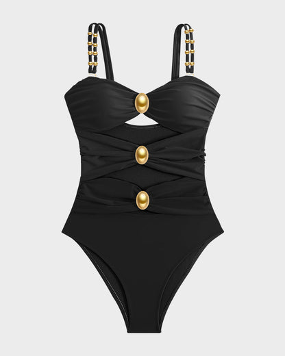Maillot de bain une pièce froncé avec découpes et détails en perles dorées