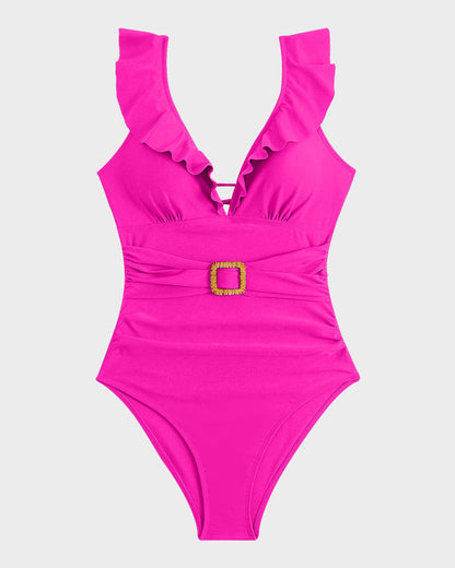 Maillot de bain une pièce froncé à décolleté plongeant en V, manches volantées et ceinture décorative