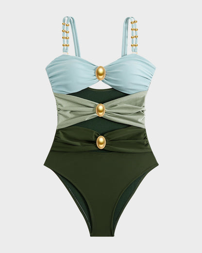 Maillot de bain une pièce froncé avec découpes et détails en perles dorées