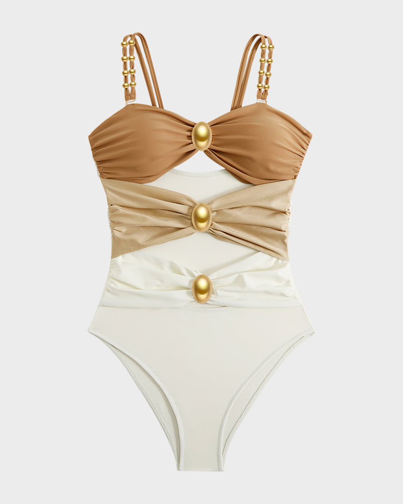 Maillot de bain une pièce froncé avec découpes et détails en perles dorées
