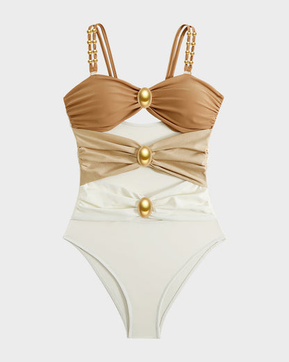 Maillot de bain une pièce froncé avec découpes et détails en perles dorées