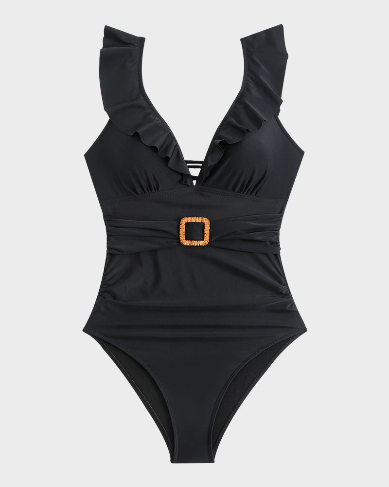 Maillot de bain une pièce froncé à décolleté plongeant en V, manches volantées et ceinture décorative
