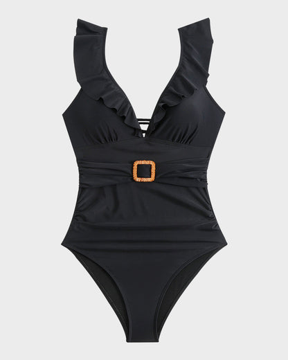 Maillot de bain une pièce froncé à décolleté plongeant en V, manches volantées et ceinture décorative