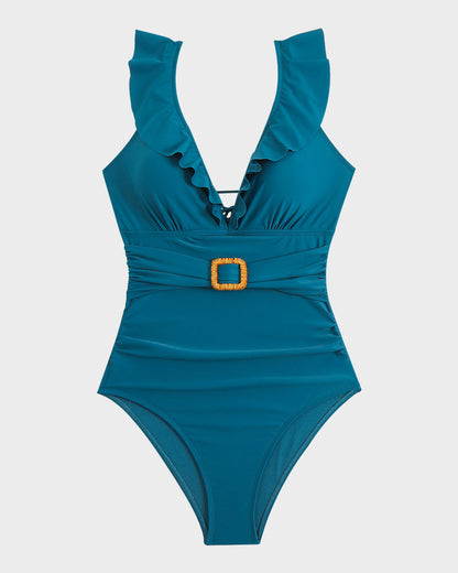Maillot de bain une pièce froncé à décolleté plongeant en V, manches volantées et ceinture décorative