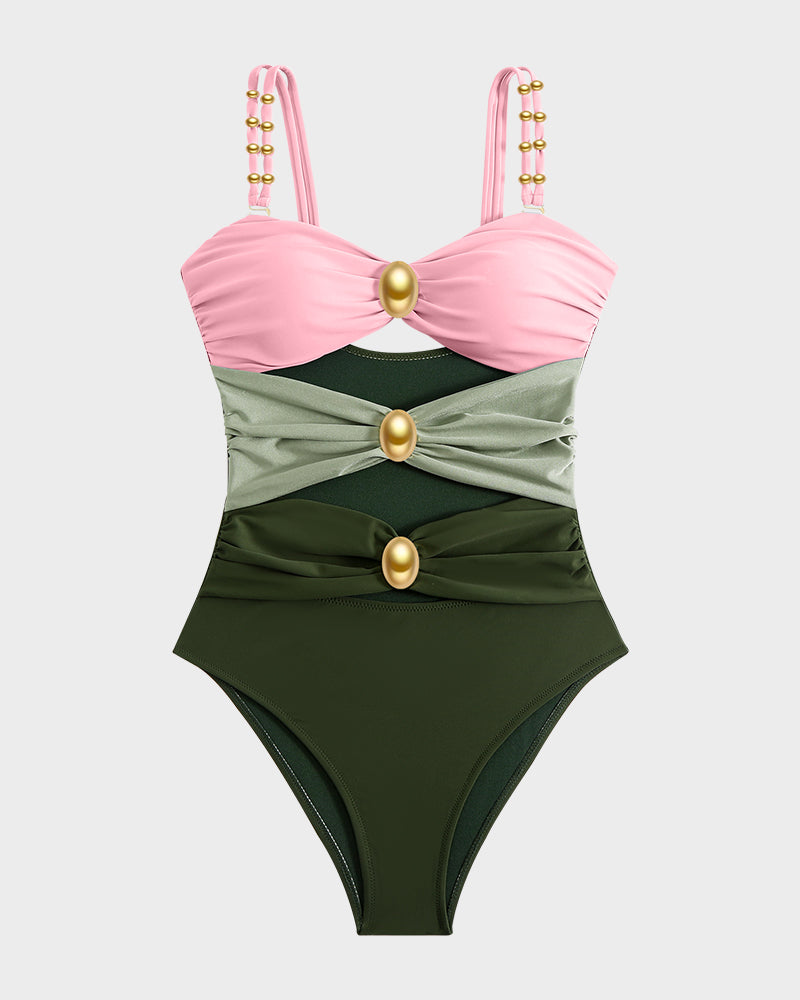 Maillot de bain une pièce froncé avec découpes et détails en perles dorées