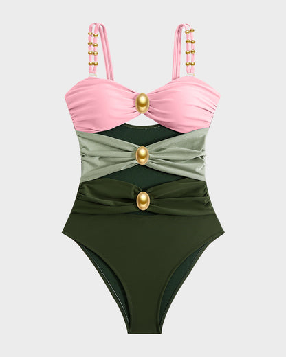 Maillot de bain une pièce froncé avec découpes et détails en perles dorées