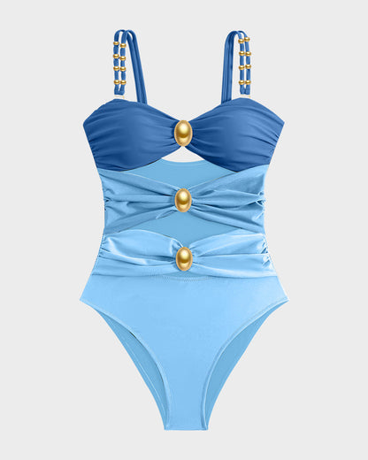 Maillot de bain une pièce froncé avec découpes et détails en perles dorées
