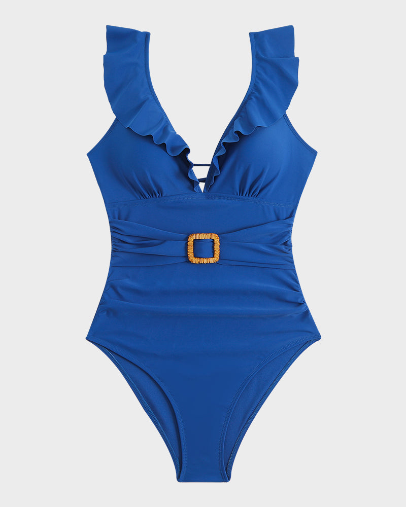 Maillot de bain une pièce froncé à décolleté plongeant en V, manches volantées et ceinture décorative