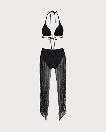 Ensemble de bikini triangle noir à nouer autour du cou avec cordon de serrage