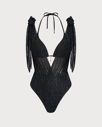Ensemble de bikini triangle noir à nouer autour du cou avec cordon de serrage