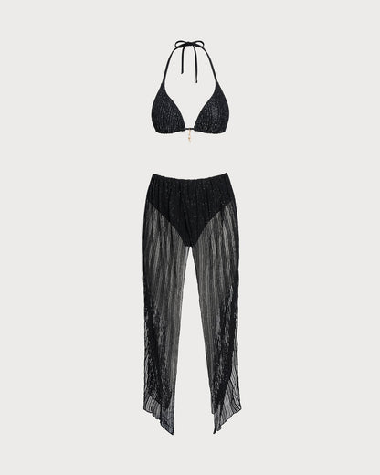 Ensemble de bikini triangle noir à nouer autour du cou avec cordon de serrage