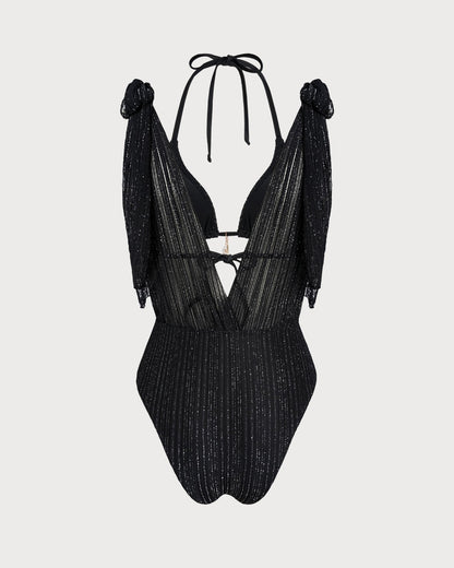 Ensemble de bikini triangle noir à nouer autour du cou avec cordon de serrage