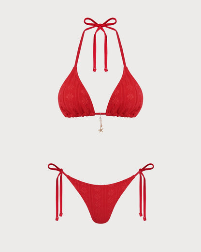 Ensemble de bikini rouge en tissu jacquard à nouer autour du cou avec cordon de serrage